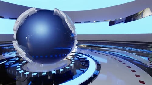 Futuristic Virtual News Studio with Animated Rotating Earth Globe