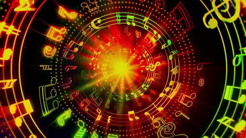 Vibrant Neon Musical Notes Tunnel Loop Background