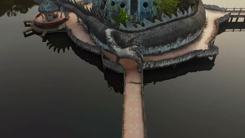 Aerial view of abandoned waterpark by lake at sunrise, Vietnam.