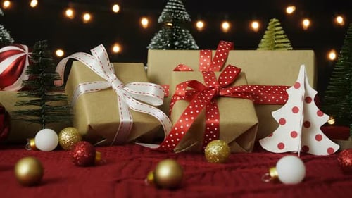 Decorated Christmas Gifts with Ornaments and Lights