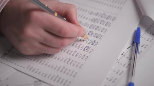 Professional Checking Financial Statements With Pen And Pencil Focused Accountant Analyzing Detailed