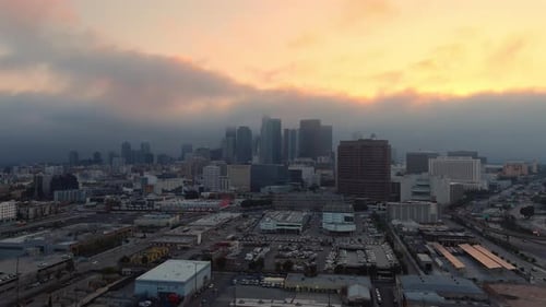 Downtown Los Angeles Skyline On A Foggy Sunset In California, USA. - aerial shot