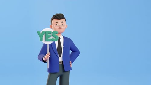 3D Businessman Character Holding YES Sign Animation