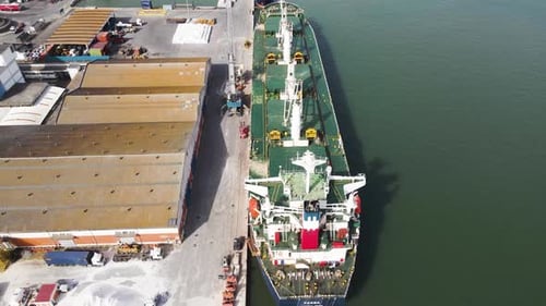 Aerial view of a large ship docked, Portugal.