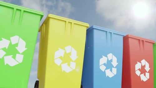 Colorful trash cans for sorting the household waste with recycle symbol loop
