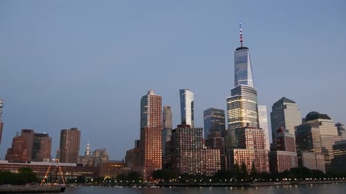 New York City Skyline From Ferry Boat Manhattan Downtown World Trade Center Hudson River USA