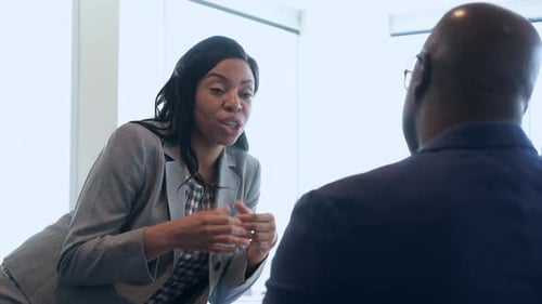 Businesswoman Discussing with Male Client 30s