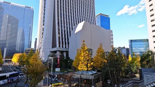 Futuristic skyscrapers in cbd financial aera of Tokyo, Shinjuku. Blue sky atumn day with vibrant ora