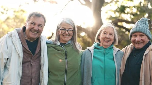 Happy people, senior and friends with embrace in park for love, care or trust in bond