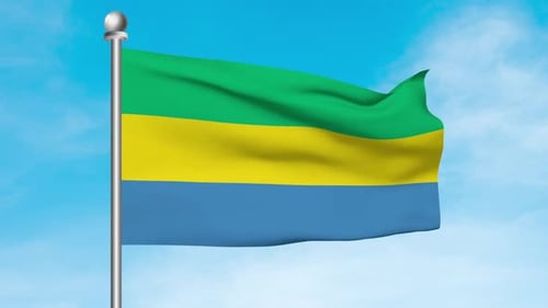 Gabon Flag Waving on Flagpole with Blue Sky
