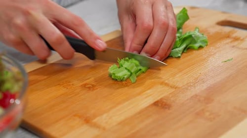 Hands Cutting Lettuce on Wooden Board for Salad