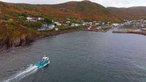 Vista aérea de Petty Harbour del barco que viaja por el puerto en otoño