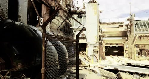 Abandoned Industrial Area with Rusty Fences and Weathered Structures