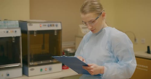 Woman in Lab Coat Writes on Clipboard in Lab