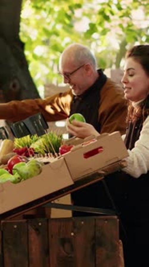 Vertical Video Diverse Couple Visiting Farmers Market Counter with Vendors