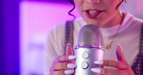 Asmr, influencer and hands of girl with microphone in house for nails or audio pleasure