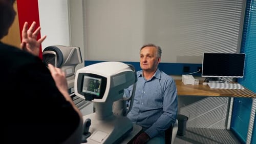 in an Ophthalmology Clinic Elderly Patient Sits on a Diagnostic Test and Listens to the Results