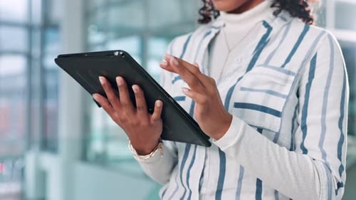 Tablet, search and hands of business woman in office for publishing agency