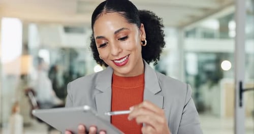 Woman, software developer and smile with tablet for UI testing, UX or app development at office