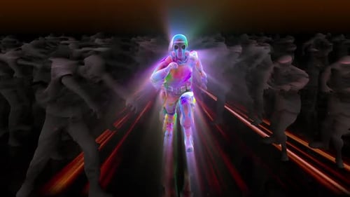 Glowing Runner Navigating a Glitched Digital Crowd