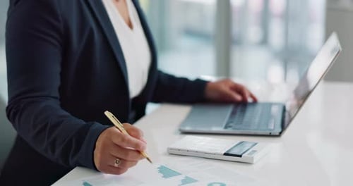 Business hands, calculator and finance on laptop for budget planning, data analysis