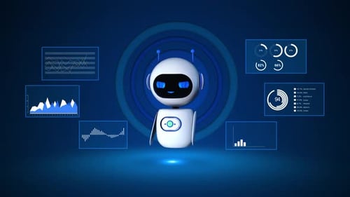 Futuristic AI Robot with Animated Data Analytics Interface