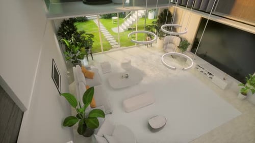 Modern White Interior With Beautiful Backyard View. Home Living Room Design