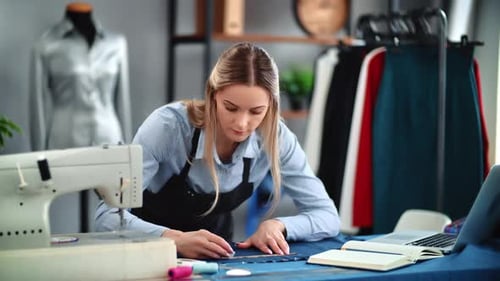 Woman Skilled Dressmaker Drawing Textile Pattern Details Use Chalk and Tape Measure Checking Notes