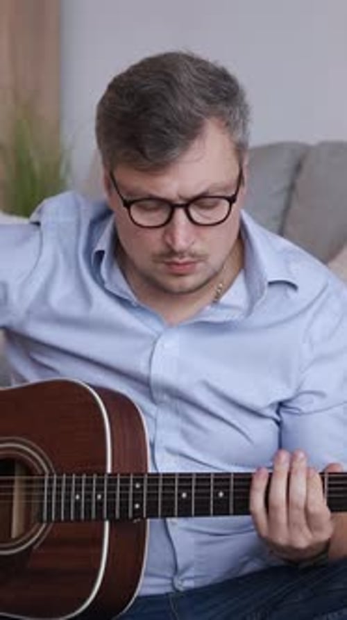 Vertical Guitar Hobby Man Playing Melody Home