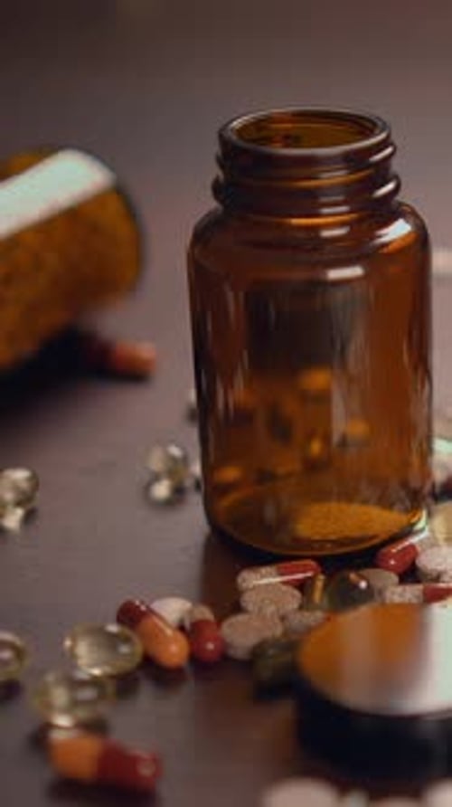 Pill Bottle and Various Capsules Close Up