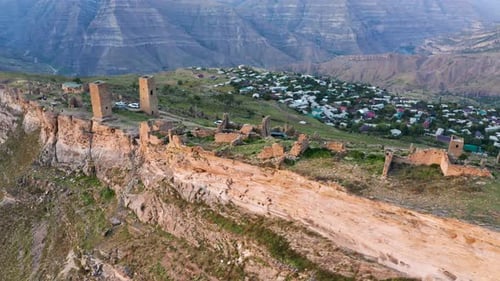 Aerial view of Goor towers on cliff edge, Russia.