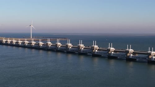 Aerial view of Oosterscheldekering barrier, Netherlands.