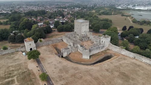 An aerial view of the Portchester Castle, a medieval castle ruin in the county of Hampshire, England