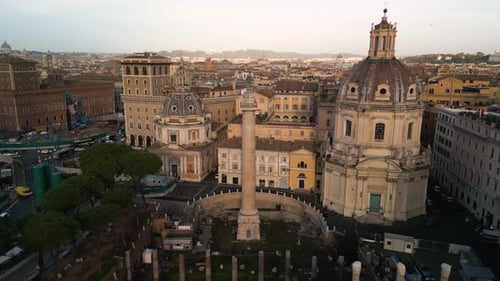 Aerial Pullback Reveals Trajan's Forum. Rome, Italy