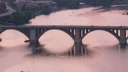 Potomac river shimmers at sunset in Washington dc aerial view circa 2017