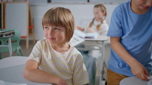 Cute Child Looking Camera at Elementary School Portrait Boy Relaxing at Break