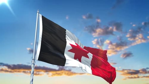 Realistic Waving Flag with Red Star in Blue Sky