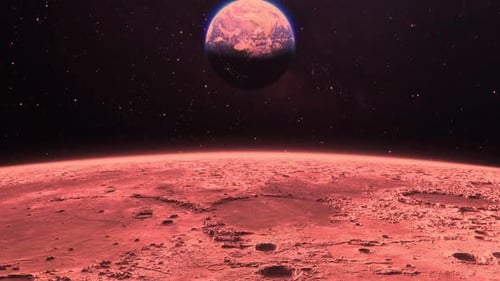 Mars planet in space with Earth rising