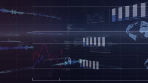 Animation of glowing interface with information, readings and graphs moving on black background