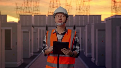 Engineer Uses Tablet Inspecting Electrical Power Station Sunset