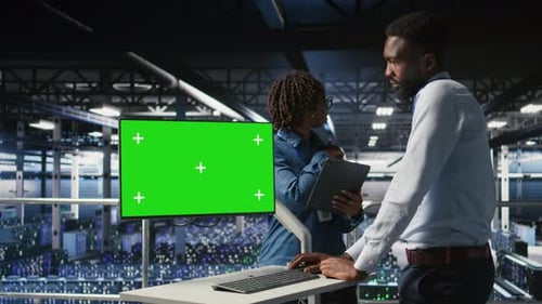 Das Engineering-Team für Rechenzentren codiert auf Greenscreen-PC-Überwachungssystemen