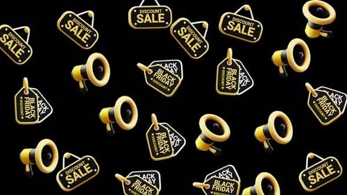 Gold sale tags and megaphones on black background