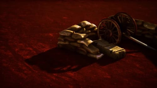 Military Fortification with Sandbags and Artillery Wheels