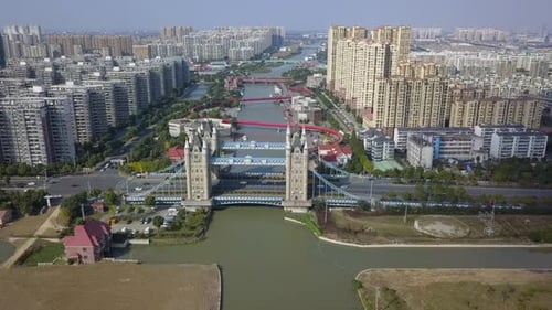 Aerial view of iconic Tower Bridge replica on canal in Suzhou China