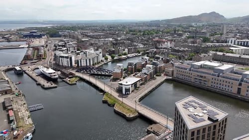 Drone view of Leith area in Edinburgh, Scotland, United Kingdom