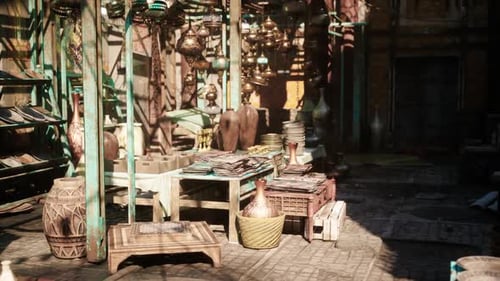 Authentic Moroccan Bazaar with Sunlight and Traditional Lanterns