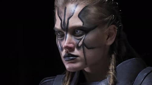 Creepy female alien with long hair and face paint, with white eyes, 4k