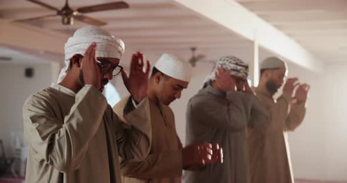 Men, islam and praying with salah at mosque in jamaah for holy gathering