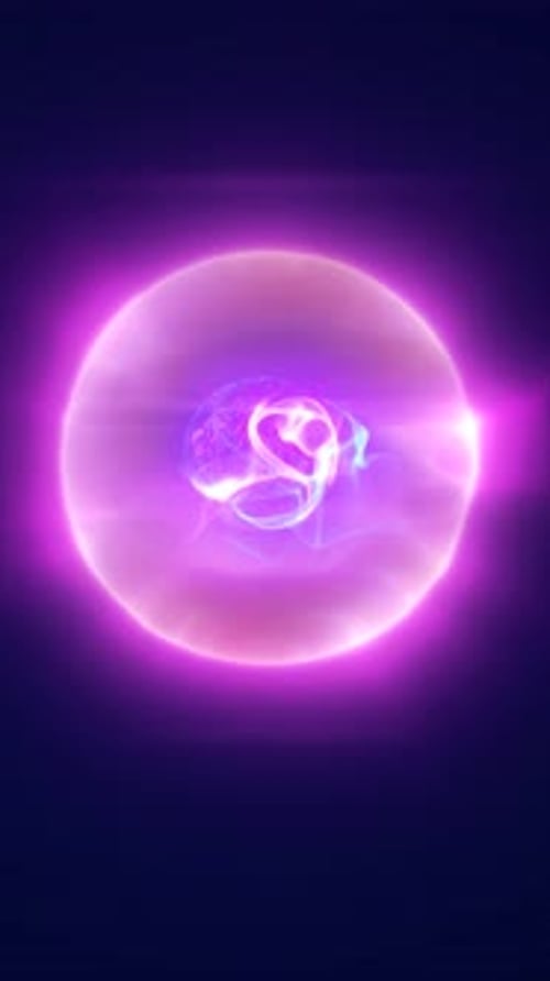 Abstract glowing sphere with layered plasma forms and radiant purple-pink energy field
