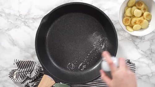 Time Lapse Flat Lay Step By Step Frying Mini Pancake Cereal in a Nonstick Frying Pan